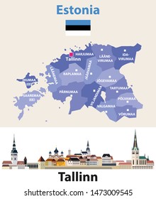 Estonia regions map with Tallinn city skyline. Vector illustration