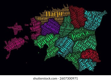 Estonia Regions Word Clouds. Bright neon style design on dark background. Region names of the country in Estonian language. Country shape with administrative division. Vibrant vector illustration.