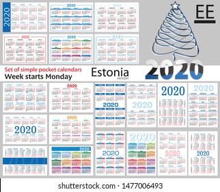 Estonia set of pocket calendars for 2020 (Two thousand nineteen). Week starts Monday. New year. Color simple design. Vector