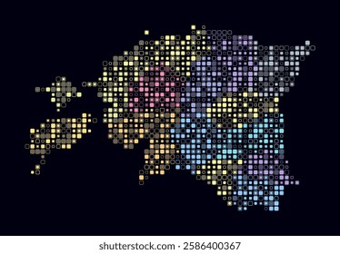 Estonia, shape of the country built of colored cells. Digital style map of Estonia on a dark background. Small size rounded square blocks. Plain vector illustration.