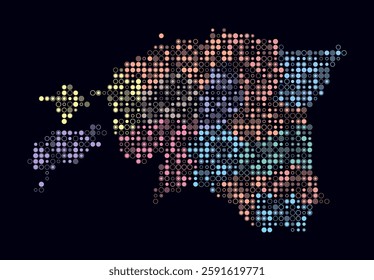 Estonia, shape of the country built of colored cells. Digital style map of Estonia on a dark background. Small size circle blocks. Amazing vector illustration.