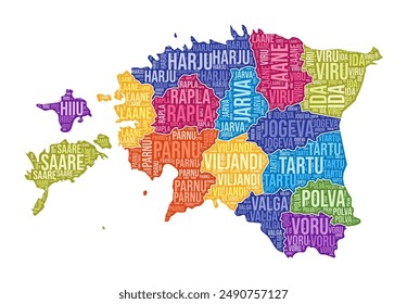 Estonia shape. Country word cloud with region division. Estonia colored illustration. Region names cloud. Vector illustration.