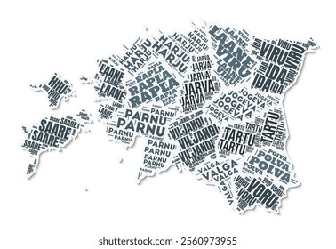 Estonia shape text cloud. Country border with shadow on white background. Estonia with regions division in vintage gazette style. Artistic vector illustration.