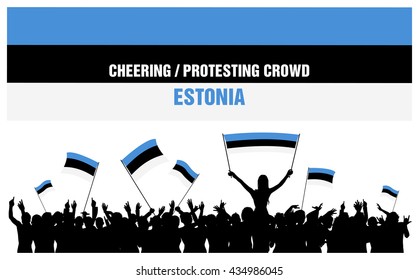 Estonia silhouettes of cheering or protesting crowd of people with Estonian flags and banners.