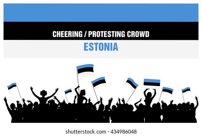 Estonia silhouettes of cheering or protesting crowd of people with Estonian flags and banners.