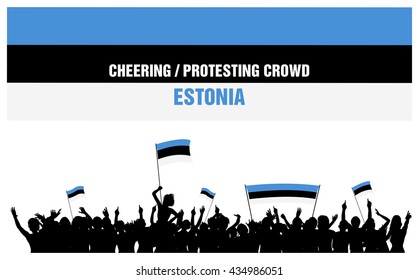 Estonia silhouettes of cheering or protesting crowd of people with Estonian flags and banners.