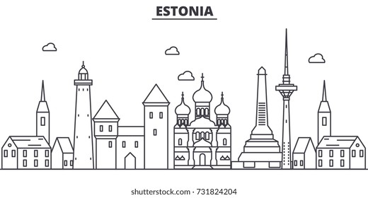 Estonia, Talinn architecture line skyline illustration. Linear vector cityscape with famous landmarks, city sights, design icons. Landscape wtih editable strokes