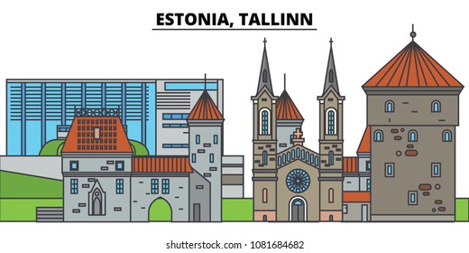 Estonia, Tallinn. City skyline, architecture, buildings, streets, silhouette, landscape, panorama, landmarks. Editable strokes. Flat design line vector illustration concept. Isolated icons