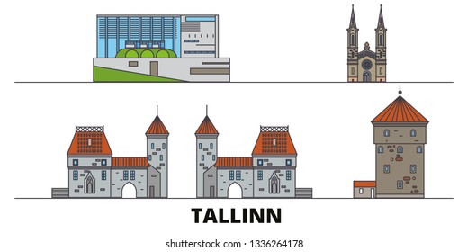 Estonia, Tallinn flat landmarks vector illustration. Estonia, Tallinn line city with famous travel sights, skyline, design. 