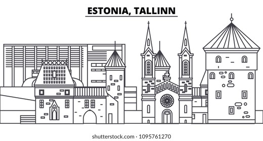 Estonia, Tallinn line skyline vector illustration. Estonia, Tallinn linear cityscape with famous landmarks, city sights, vector landscape. 