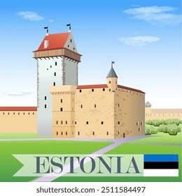 Estonia tourist poster. Hermann Castle in Narva. Vector art illustration