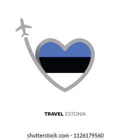 Estonia travel concept. Heart shape flag with airplane