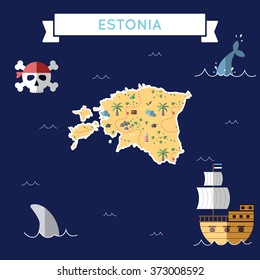 Estonia treasure map in flat design. Colorful cartoon treasure map of Estonia with flat design icons of pirate ship and jolly roger. Estonia flat design vector illustration.