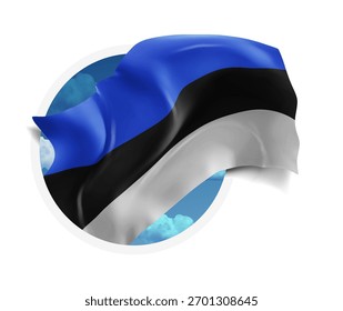 Estonia, vector 3d flag against a blue sky, through a round hole on a white background