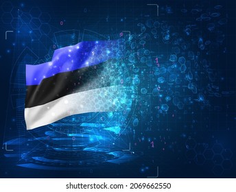 Estonia, vector 3d flag on blue background with hud interfaces