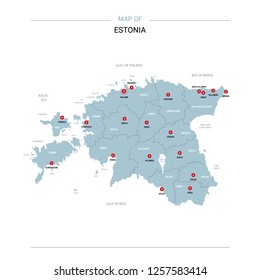Estonia vector map. Editable template with regions, cities, red pins and blue surface on white background. 