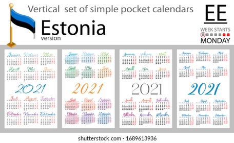 Estonia vertical set of pocket calendars for 2021 (two thousand twenty one). Week starts Monday. New year. Color simple design. Vector