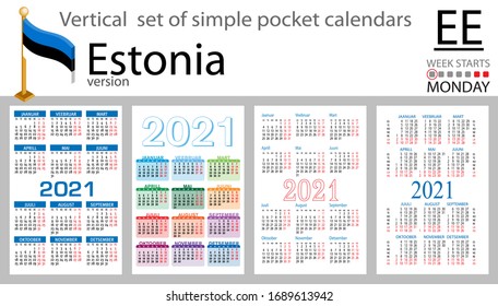 Estonia vertical set of pocket calendars for 2021 (two thousand twenty one). Week starts Monday. New year. Color simple design. Vector