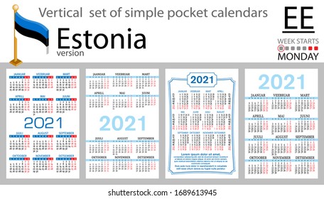 Estonia vertical set of pocket calendars for 2021 (two thousand twenty one). Week starts Monday. New year. Color simple design. Vector