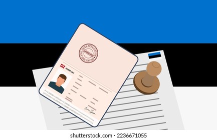 Estonia visa, open stamped passport with visa approved document for border crossing. Immigration visa concept. Background with Estonia flag. vector illustration