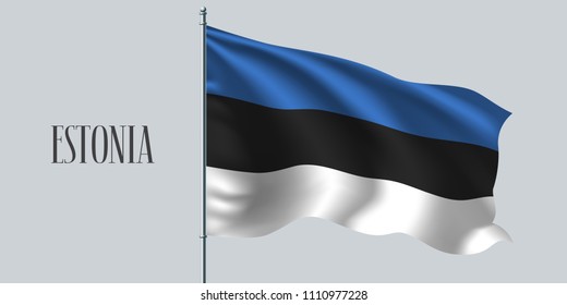 Estonia waving flag on flagpole vector illustration. Blue white   element of Estonian wavy realistic flag as a symbol of country 