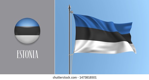 Estonia waving flag on flagpole and round icon vector illustration. Realistic 3d mockup with design of Estonian flag and circle button 