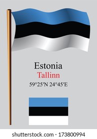 estonia wavy flag and coordinates against gray background, vector art illustration, image contains transparency