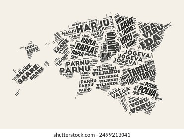 Estonia Word Cloud. Country with regions division. Estonia typographic text clouds vector image design. Vintage gazette style country shape image. Amazing vector illustration.