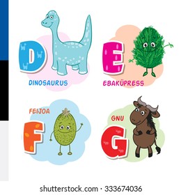 Estonian alphabet. Dinosaur, cypress, wildebeest, Feijoa. Vector letters and symbols.