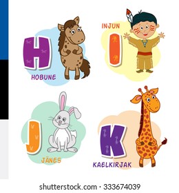 Estonian alphabet. Horse, Native American, Rabbit, Giraffe. Vector letters and symbols.