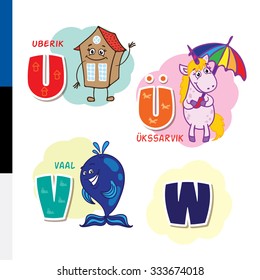 Estonian alphabet. Hut, unicorn, whale. Vector letters and symbols.