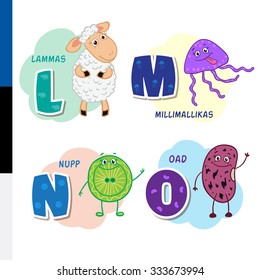 Estonian alphabet. Sheep, Medusa, Button, Beans. Vector letters and symbols.