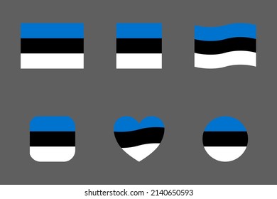 Estonian flag icons vector set. Flag of Estonia on grey background. Flag and peace icon, square, circle and heart shape icons or Estonia flag symbols.