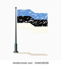 Estonian flag with scratches, vector flag of Estonia waving on flagpole with shadow.