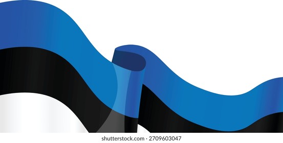 Ondas de bandera estonia con rayas azules, negras y blancas.