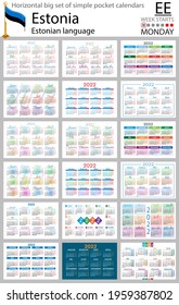 Estonian horizontal Big set of pocket calendars for 2022 (two thousand twenty two). Week starts Monday. New year. Color simple design. Vector