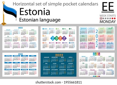 Estonian horizontal set of pocket calendars for 2022 (two thousand twenty two). Week starts Monday. New year. Color simple design. Vector