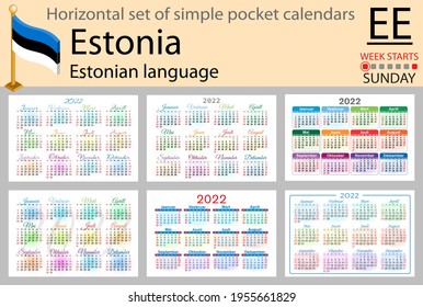 Estonian horizontal set of pocket calendars for 2022 (two thousand twenty two). Week starts Sunday. New year. Color simple design. Vector
