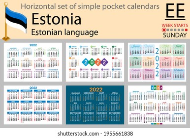 Estonian horizontal set of pocket calendars for 2022 (two thousand twenty two). Week starts Sunday. New year. Color simple design. Vector