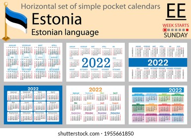 Estonian horizontal set of pocket calendars for 2022 (two thousand twenty two). Week starts Sunday. New year. Color simple design. Vector