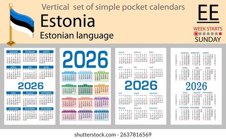 Estonian language. Estonia vertical Set of pocket calendars for 2026 (Two thousand twenty six). Week starts Sunday. New year. Color simple design. Vector