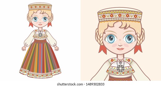 Estonian national costume. Girl in ethnic clothes Estonia. Estonian folk clothing. The girl in Estonian dress. Historical clothes. Portrait, avatar. Child, patchwork. Eesti