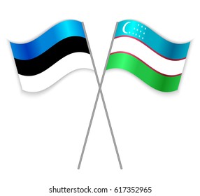 Estonian and Uzbek crossed flags. Estonia combined with Uzbekistan isolated on white. Language learning, international business or travel concept.