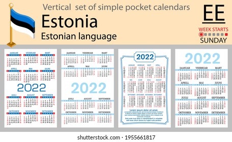 Conjunto vertical estonio de calendarios de bolsillo para 2022 (dos mil veintidós). La semana comienza el domingo. Año nuevo. Diseño sencillo en color. Vector