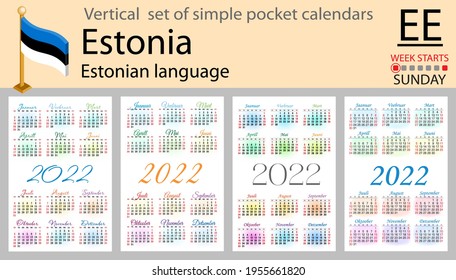 Estonian vertical set of pocket calendars for 2022 (two thousand twenty two). Week starts Sunday. New year. Color simple design. Vector