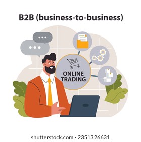 Geschäftsmodell E-Store und E-Commerce. B2B, Business-to-Business-Zusammenarbeit. Unternehmen als Kunde, Zulieferer Partnerschaft. Flache Vektorgrafik