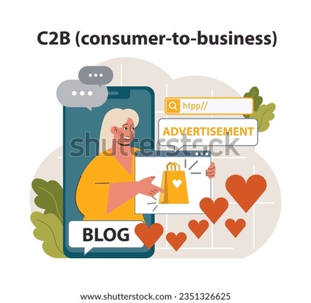 E-store and e-commerce business model. C2B, consumer to business. Customer can offer products and services to a company. Flat vector illustration