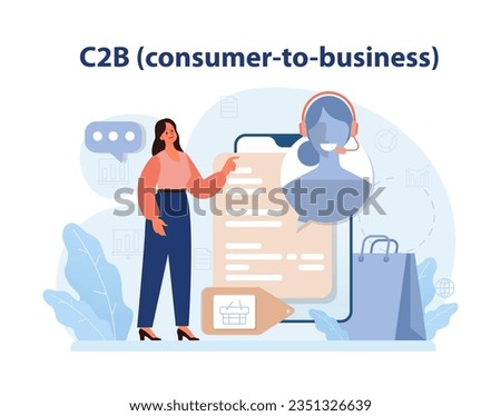 E-store and e-commerce business model. C2B, consumer to business. Customer can offer products and services to a company. Flat vector illustration