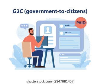 E-store and e-commerce business model. G2C, government to citizens. Governmental system of service. Public sector of budget politics report, public sypply service. Flat vector illustration