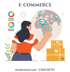 E-store and e-commerce. Entrepreneur selling goods and gaining profit on digital platform. Brand development and worldwide shipping. Dropshipping business model. Flat vector illustration